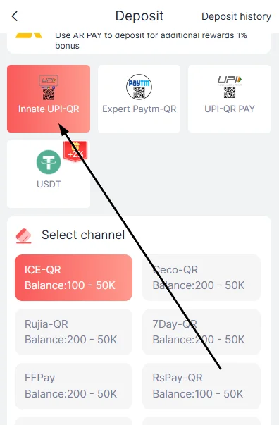 select the deposit payment method